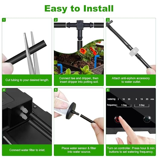 Solar Automatic Drip Irrigation Kit System, 50FT Solar Powered Auto Easy DIY Watering Device Supported Pots Plants, 6 Timing Modes with Anti-Siphoning Device