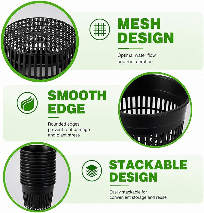 Net Cups Hydroponics 12 Pack 6 Inch Mesh Net Pots with 30 Ft Wick Cord & 12 Plant Labels, Slotted Cups for Healthy Root Growth, Indoor Hydroponic Growing & Aquaponics Systems