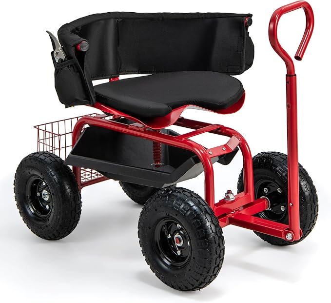 IRONMAX Garden Cart with Seat, Gardening Rolling Stool Scooter with All-Terrain Wheels, Adjustable Steering Handle & Removable Cushion for Planting, Outdoor Gardening Work Seat for Patio, Yard (Red)