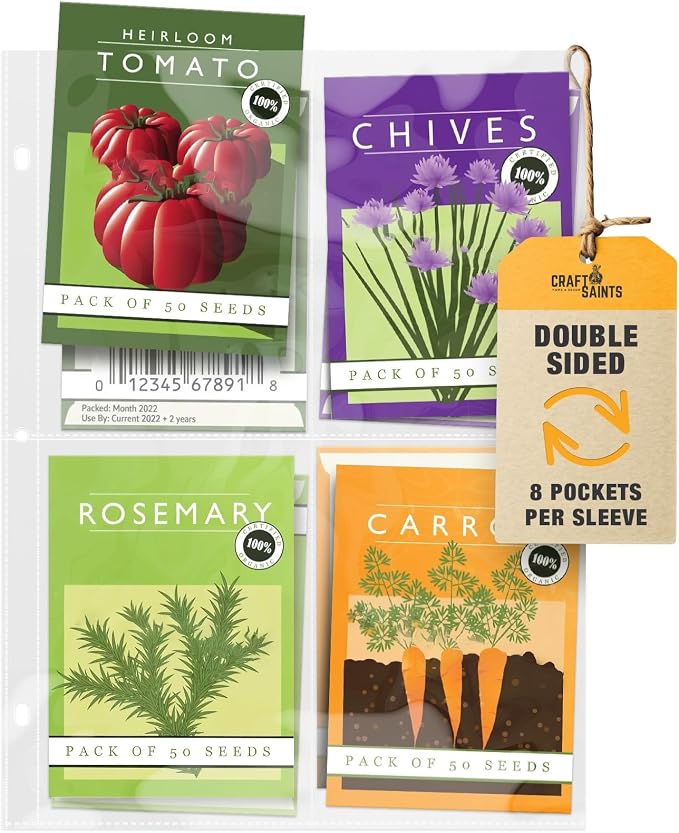 400 Pockets Seed Storage Organizer Sleeves (50 Pack) Slot Size 3.5x5, 8 Pocket Garden Seed Organizer, Clear Sleeves for Seed Packet Storage, Seed Keeper, Seed Organizer Binder