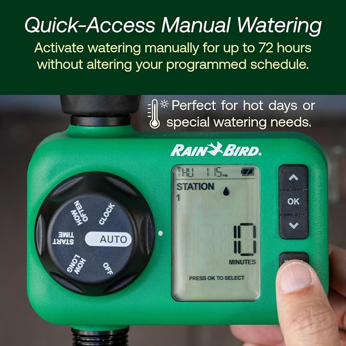 Rain Bird HET100 Electronic Digital Hose End Watering/Irrigation Timer, Battery Operated, 3/4" Garden Hose Thread, Heavy-Duty Brass Inlet, 1 Outlet/Port