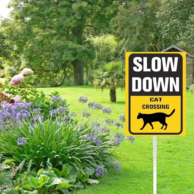 Slow Down Cat Crossing Safety Sign for Street Rustproof Reflective Aluminum Caution Drive Slowly Watch for Deaf Cat Sign Garden Animal Sign for Neighborhoods