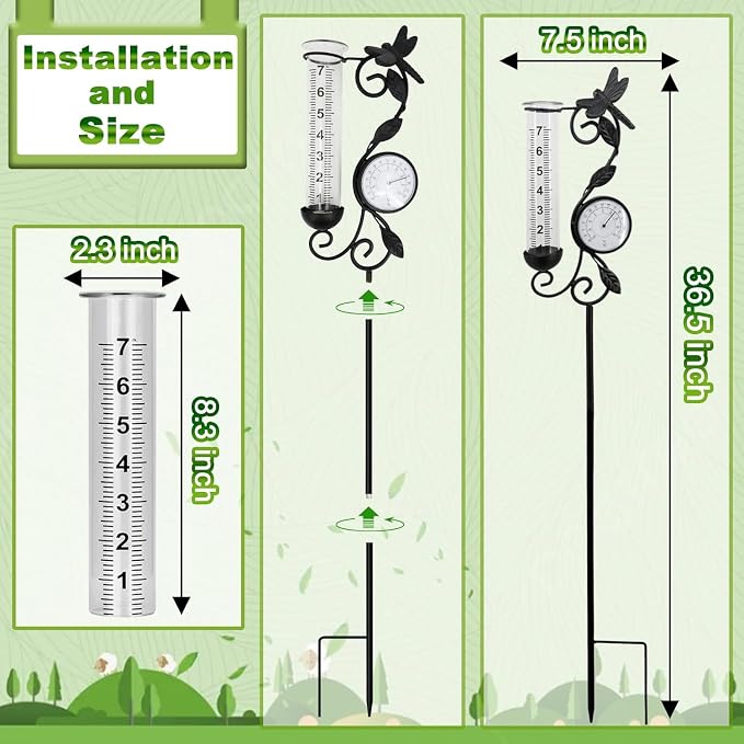 Rain Gauge Outdoor, Black Dragonfly Rain Gauge with Thermometer for Measuring Precipitation, Garden Decoration,Yard Garden Patio Lawn (Black Dragonfly)