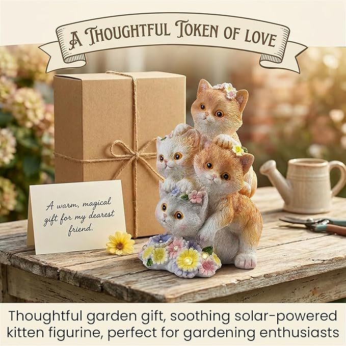 Solar Cat Garden Statues with 6 LED Flower Lights, Stacked Kitten Figurine, Garden Decor for Outside, Birthday Gifts for Women Cats Lovers Mom Grandma