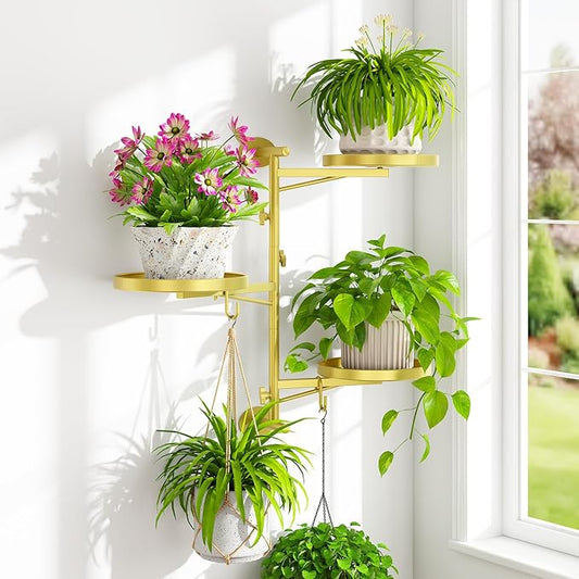 iDavosic.ly Rotating Window Plant Shelves, 3-Tier Metal Wall Stand with 2 Hooks, Flower Display Holder Rack for Living Room, Space Saving, Gold (Pots/Chains/Plants Not Included)