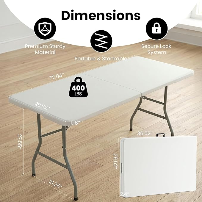 6 Foot Plastic Folding Table with Built in Handle & Steel Legs, 6 FT Portable Heavy Duty Plastic Folding Tables for Parties, Dining, Wedding, Events, Picnic, Indoor & Outdoor, Camping, Utility