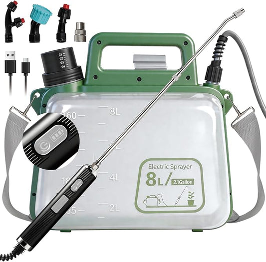 2 Gallon Electric Garden Sprayer, 7.4V Battery Powered Sprayer with USB Rechargeable Handle, Telescopic Wand, 4 Adjustable Nozzles, Battery Indicator, Shoulder Strap for Lawn, Plant Watering & Yard
