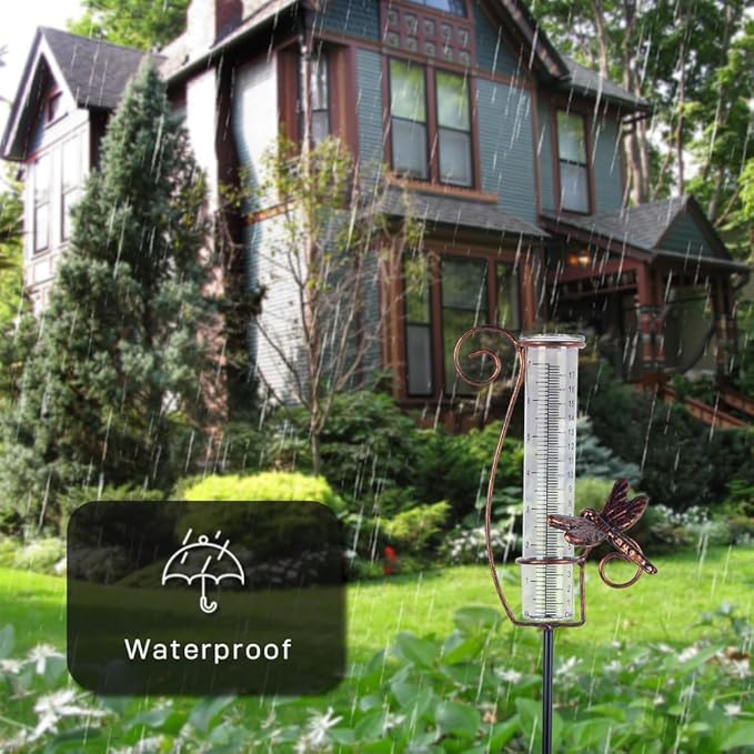 Dragonfly Rain Gauge Outdoor, 7 Inch Metal Rain Gauges for Measuring Precipitation, Patio, Garden Yard Decor