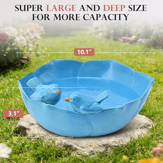 Ceramic Bird Bath for Outdoors, 10.1” Glazed Ceramic Bird Baths Bowls and Feeders for Outside, UV/Frost-Resistant Finish Ground Garden Table Top Bird Baths Decor for Patio Yard Home Green
