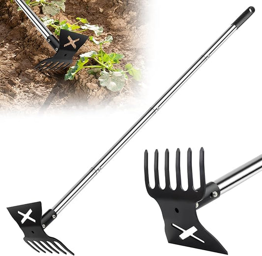 2 in 1 Garden Hoe for Weeding with Cultivator Rake, 57" Garden Weeders and Cultivators, Heavy Duty Hoe Garden Tool with Adjustable Long Handle, Manual Weed Tools for Gardening, Planting,Loosening Soil