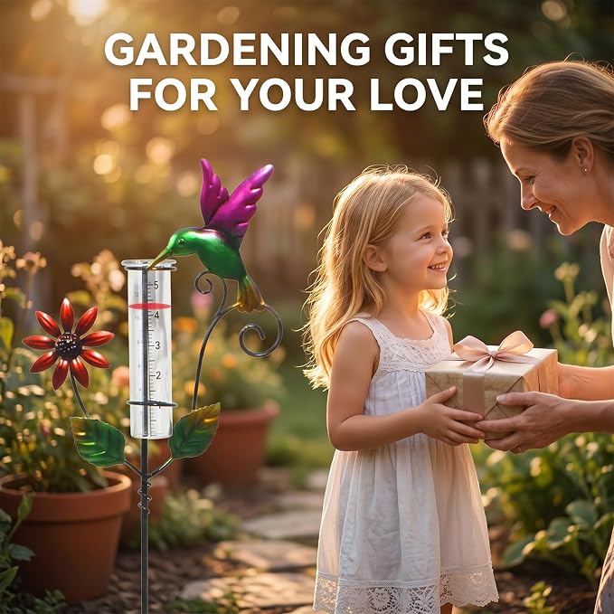Hummingbird Rain Gauge Outdoor, Glass Rain Gauge with Floating Discs for Easy Reading, Freeze-Proof Adjustable Height Decorative Rain Gauges for Yard Garden Decor, Unique Gardening Gifts for Women
