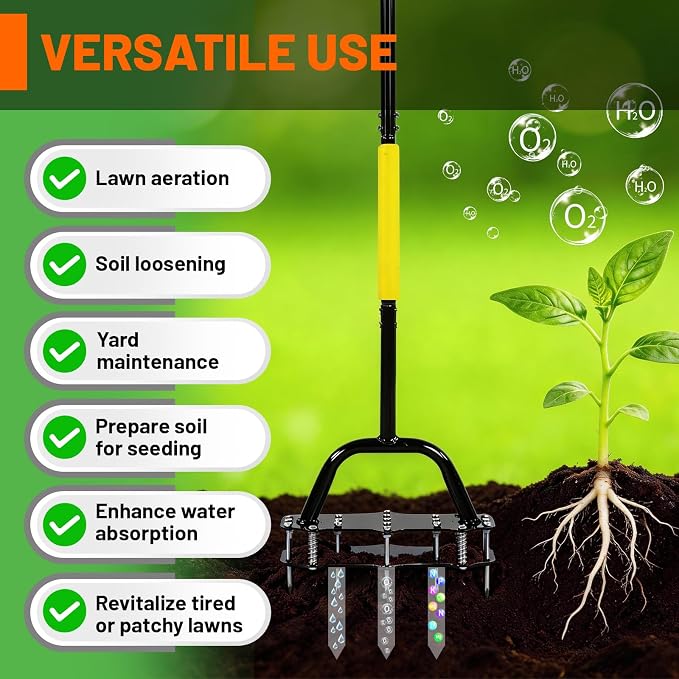Standing Lawn Aerator with 17 Spikes, 39.37" Carbon Steel Soil Aerator Tool Wide 11.8"x4.72" Base & Includes Gloves for Effortless Soil Loosening and Yard Aeration
