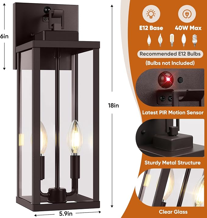 BesLowe 18” Upgraded Motion Sensor Outdoor Wall Lights, Dusk to Dawn Porch Lights Outdoor Wall Sconces, 3 Lighting Modes Exterior Lighting Fixtures with Hooks, Brown Outside Lights for House, 2-Pack
