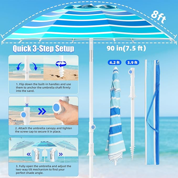 8FT. Large Beach Umbrella with Heavy Duty Sand Anchor & Tilt Sun Shelter, UPF50+ UV Protection, Wind Resistance, Waterproof Canopy, Portable for Beach Outdoor Patio Yard Garden Pool
