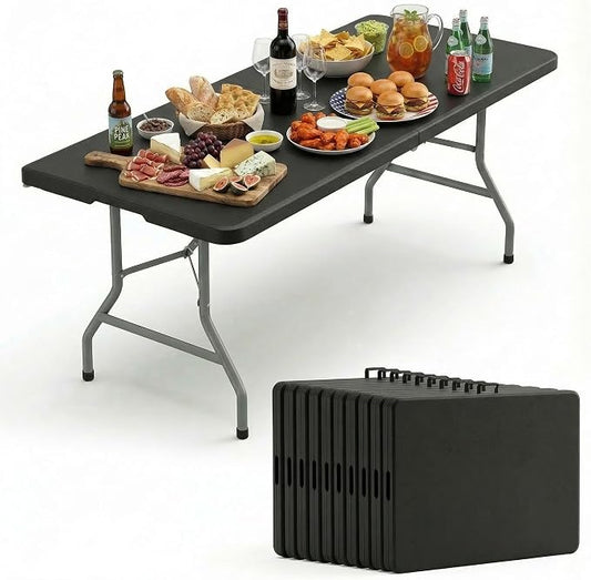 10 Pack of 8 Foot Foldable Table with Built in Handle & Steel Legs, 8FT Portable Heavy Duty Plastic Folding Tables for Parties, Dining, Wedding, Events, Picnic, Indoor & Outdoor, Camping, Utility