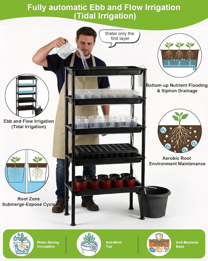RooTrimmer 5-Tier Hydroponics Growing System, Plant Stand with Grow Lights & Pump - Ebb and Flow Seedbeds, Siphoning Watering, Designed for Nursery Cell Trays, Plant Pots