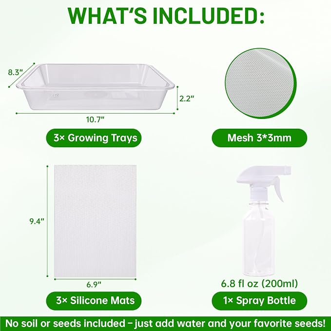 Acrylic Microgreens Growing Trays 3-Pack – Clear Hydroponic Seed Starter Kit with Silicone Mats & Spray Bottle – Reusable Plant Germination Trays for Vegetables, Wheatgrass, Cat Grass – Indoor Garden