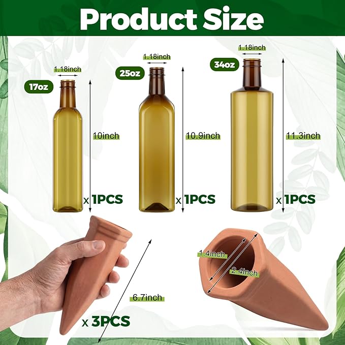 6 Pcs 17oz 25oz 34oz Plant Watering Devices 3 Terracotta Self Watering Spikes 3 Plastic Bottles Slow Release Vacation Planter Insert Automatic Water System for Indoor Outdoor Potted Plant
