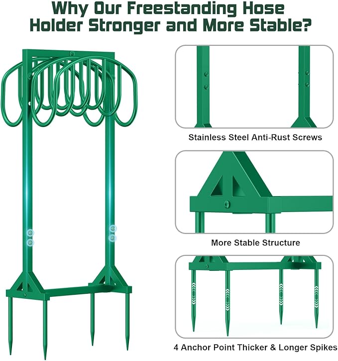 HeroicLion Garden Hose Holder Holds 2 x 151FT Hoses, Heavy-Duty Metal Freestanding Hose Stand with Stable Base, Rustproof Water Hose Holders for Outside Yard Lawn Farm, Green