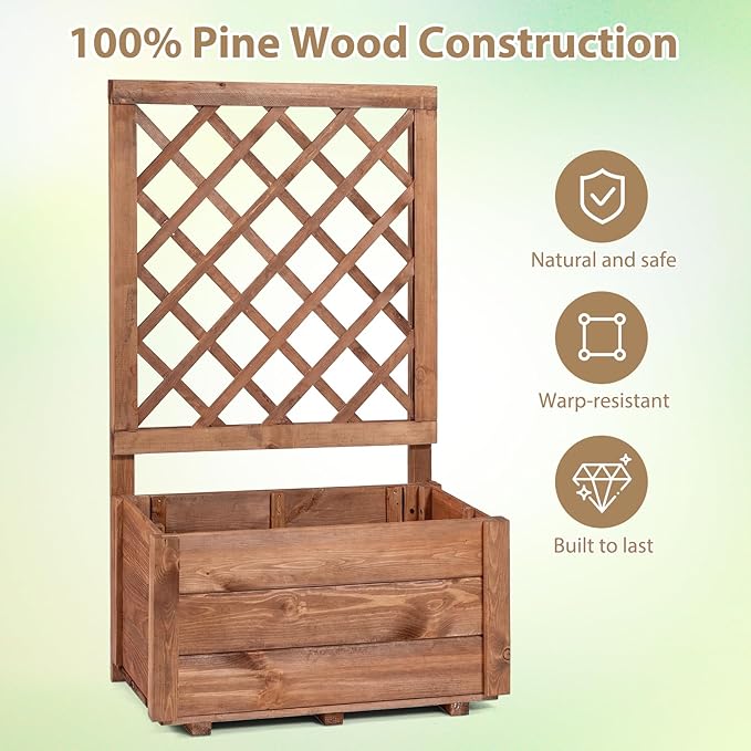 Giantex Raised Garden Bed with Trellis, 23”x14”x40” Wood Elevated Planter Box w/Drainage Hole for Climbing Vine Flower Herb Vegetable Fruit, Planting Container for Indoor Outdoor Patio Balcony