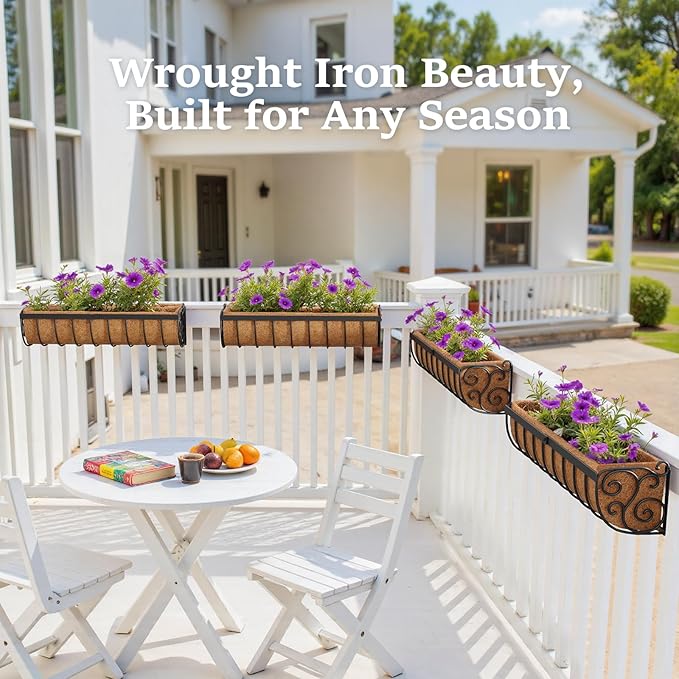 VOXOR Railing Planter Boxes, 24 Inch Window Boxes Planters, Balcony Planters with Adjustable Brackets & Coco Liner for Outdoor Fence, Deck, Porch, and Patio Gardening, 3 Pack