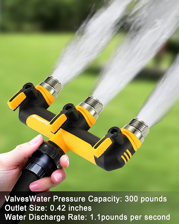 Garden Hose Splitter, 3 Way Hose Splitter, Heavy Duty Water Hose Bib Spigot Splitter, Outdoor Faucet Splitter with Shutoff Valve, T Adapter Connector with 3/4 - Inch GHT Thread (Yellow)