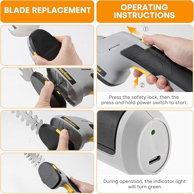 Enventor Cordless Hedge Trimmer and Grass Shear, 7.4V 2000mAh Rechargeable Battery, 2-in-1 Handheld Electric Grass Trimmer, Small Hedge Cutter with 2 Interchangeable Blades