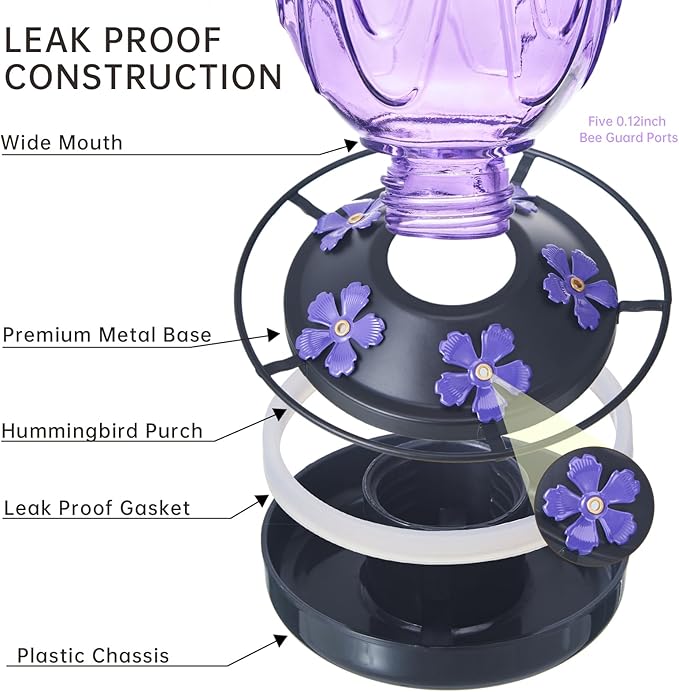 2 Pack Glass Hummingbird Feeder for Outdoors Hanging, 24Ozs Humming Bird Nectar Feeder w/Perch, 5 Flower Feeding Ports, Leak Proof Base and Hook for Outside Garden Backyard Decor, Purple