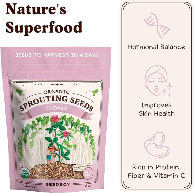Seedboy Organic Non-GMO Clover Seeds for Sprouting - USA Grown Microgreens Sprouting Seeds - 8 oz Bag Makes 8 Quarts / 32 Servings (Red Clover)