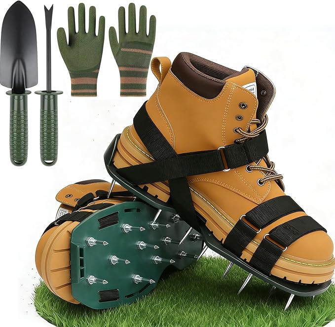 Lawn Aerator Shoes with Shovel & Gloves - 2.2" Heavy Duty Spikes, Adjustable Hook Loop Straps, One Size Fits All, Easy to Use Yard Garden Soil Aeration Tool for Men Women