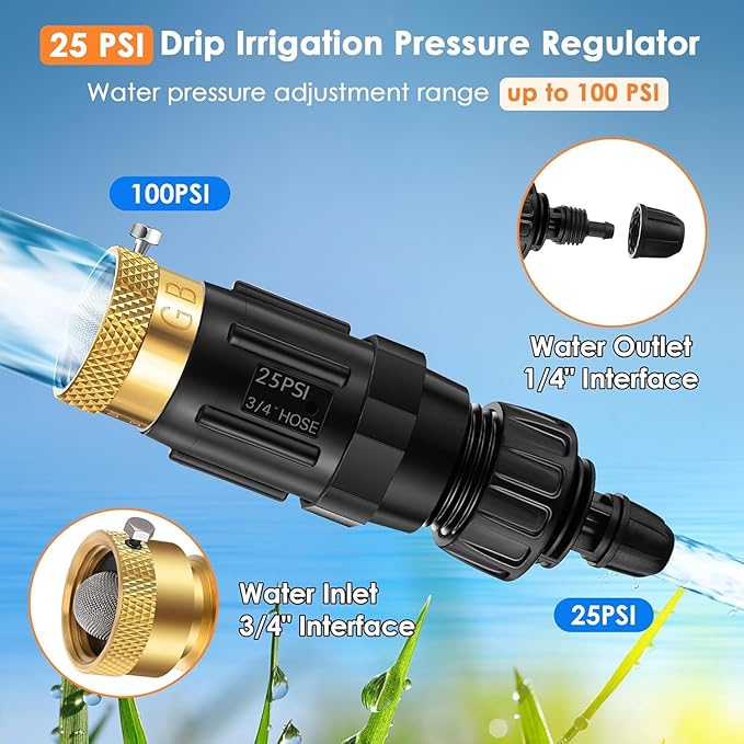 Drip Irrigation Faucet Adapter 25 PSI, 1/4" Tubing Quick Connect to 3/4" Garden Hose with Backflow Preventer, Filter, Tape, Pressure Regulator, Copper Drip Irrigation System Fittings (8 Pack)