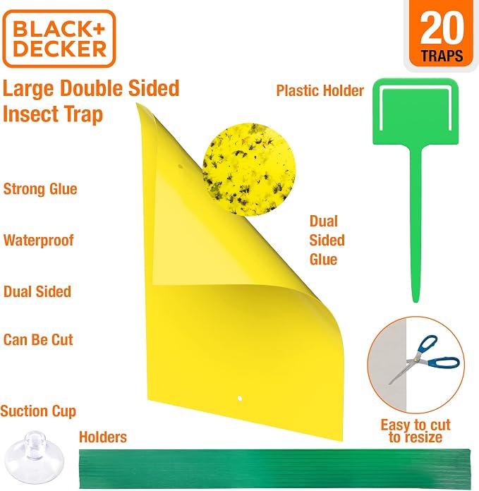 BLACK+DECKER Fruit Fly Trap- Gnat Trap- Indoor Fly Trap & Fly Traps Outdoor- Gnat Traps for House- Dual- Sided Yellow Mosquito Trap, 20 Pack Sticky Traps