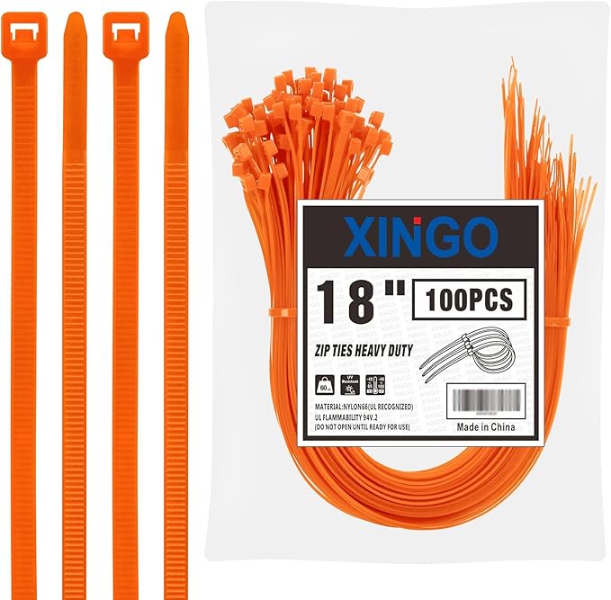 XINGO 18 inch Orange Zip Ties Heavy Duty (100 Pack), 60lb Tensile Strength, UV Resistant Cable Ties for indoor and outdoor use