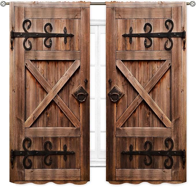 Wooden Barn Door Curtains, Rustic Brown Wood Board Farmhouse Country Cottage Western Barnwood Garage Gate Drapes Window Curtains for Living Room Bedroom Kitchen 2 Panels, 42"x63" Inch