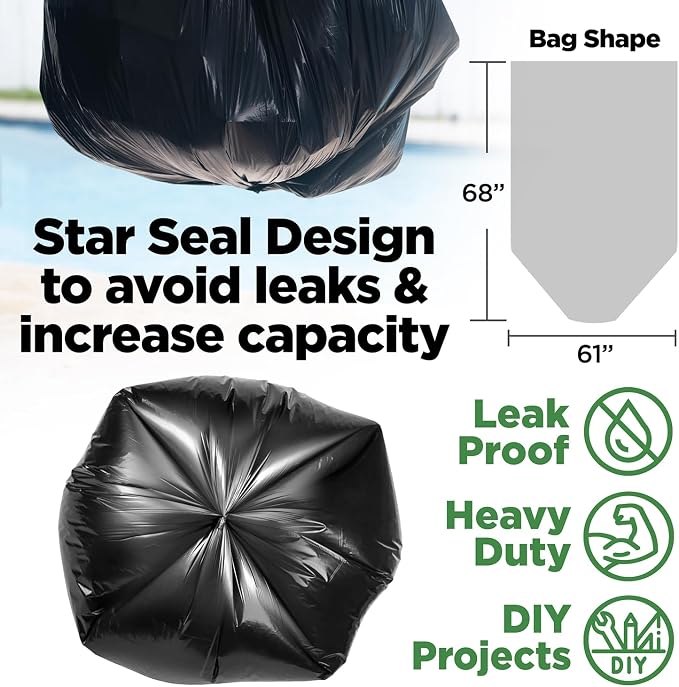 ToughBag 95-96 Gallon Extra-Large Trash Bags, 61x68” Black Garbage Bags, 1.2 Mil Thick (50 COUNT), Heavy-Duty Outdoor 95 Gallon Trash Bags – for Storage, Custodial, Landscape - Made In USA
