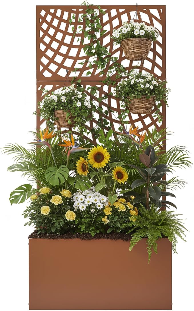 VINGLI 71" H Metal Raised Garden Bed with Trellis, Outdoor Planter Box for Climbing Vegetables, Fruits and Flowers, Privacy Screen, for Backyard, Patio, Balcony, Brown