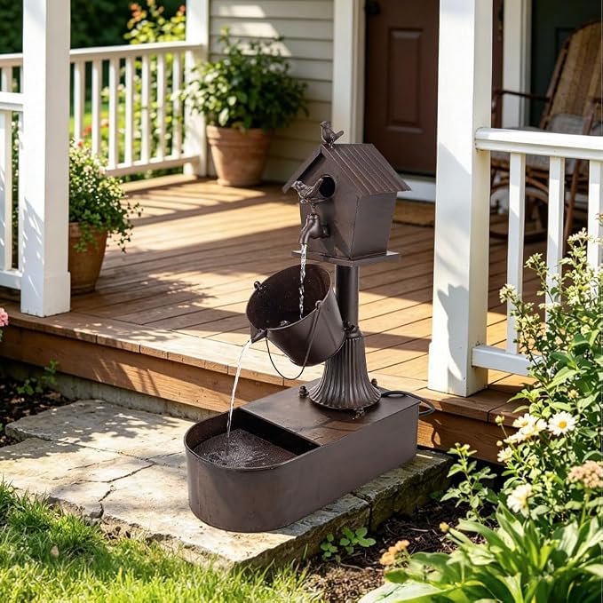 Metal Water Fountain Outdoor 27" Birdhouse Waterfall Fountain, Rustic Outdoor Water Fountain with Tilted Bucket for Garden Patio Yard Deck Decor, Dark Bronze