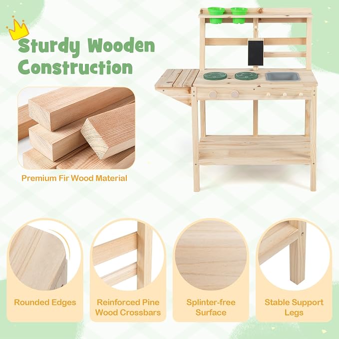 HONEY JOY Mud Kitchen, Fir Wood Mud Table Potting Bench for Kids Outdoor, Chalkboard, Flowerpots, Montessori Outdoor Play Kitchen for Toddlers, Children Backyard Furniture for Garden Patio, Natural