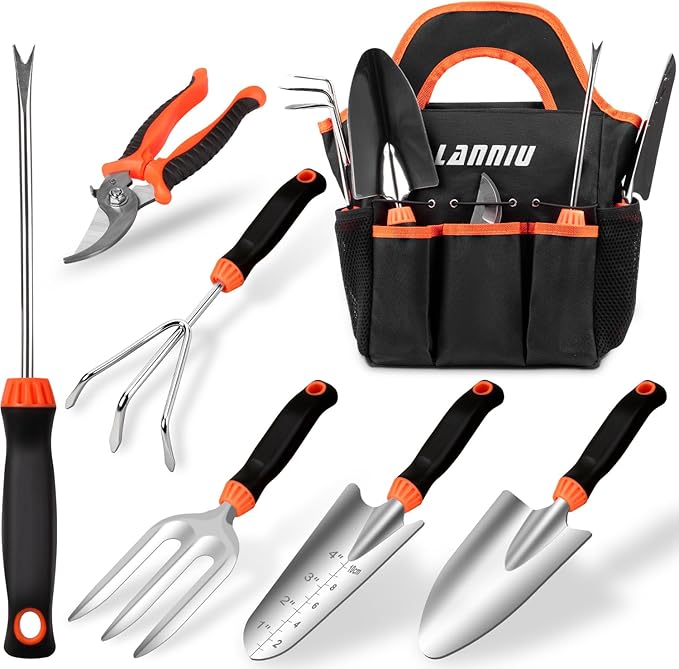 7-Piece Gardening Tools Set, Heavy Duty Stainless Steel Hand Tools with Blakc Tote Bag - Ergonomic Non-Slip Grip for Planting, Weeding & Digging