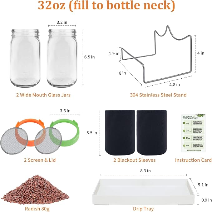 Seed Sprouting Jar Kit with Radish seed 2.9oz, 2 Large Wide Mouth Mason Jars with Sprouting Lids, Blackout Sleeves, Drain Tray, Sprouts Growing Kit for Growing Bean, Alfalfa, Radish Sprout Seeds