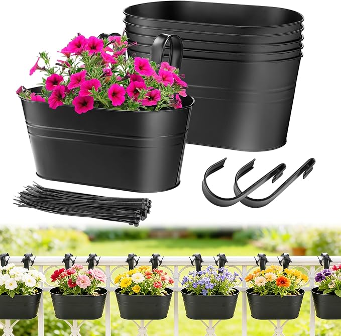 MADHOLLY Railing Planter with Drainage Holes - 6Pcs Sturdy Bucket Pots for Railing Fence, Countryside Style Metal Flower Pots for Herbs Balcony Garden Yard Decor, Black