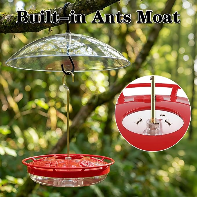 FEED GARDEN Hummingbird Feeder with Rainproof Dome, 16oz Nectar Feeder 11.8" Rain Guard Weatherproof Ant Moat Easy Fill & Clean Hanging Leak-Proof BPA-Free