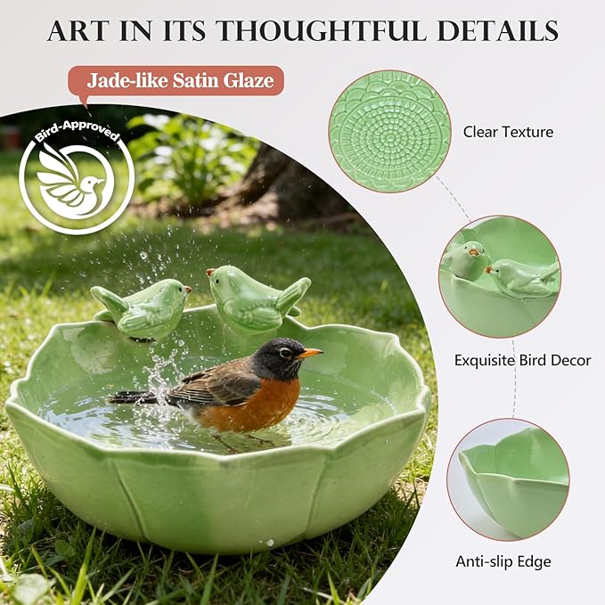 Ceramic Bird Bath for Outdoors, 10.1” Glazed Ceramic Bird Baths Bowls and Feeders for Outside, UV/Frost-Resistant Finish Ground Garden Table Top Bird Baths Decor for Patio Yard Home Green
