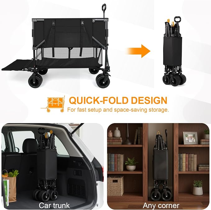 Double Decker Wagon Heavy Duty Collapsible, 600LBS 400L Capacity Foldable Utility Cart with Big Wheels for Beach, Outdoor, Camping & Gardening, Durable Steel Frame