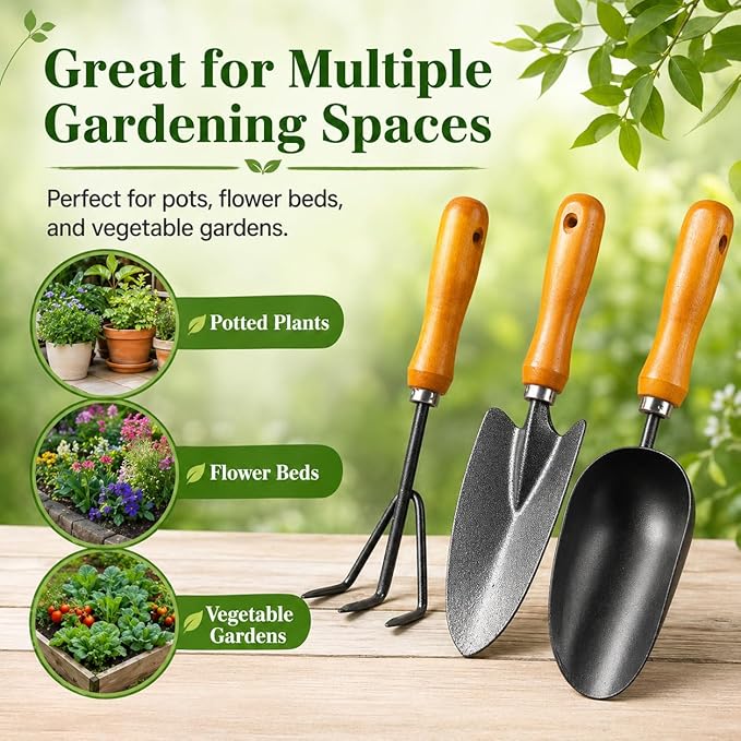 3-in-1 Heavy Duty Gardening Tools Kit, Premium Carbon Steel Garden Hand Tools with Ergonomic Wooden Handle Includes Trowel, Transplanter, and Cultivator, Ideal Gardening Gifts for Gardener