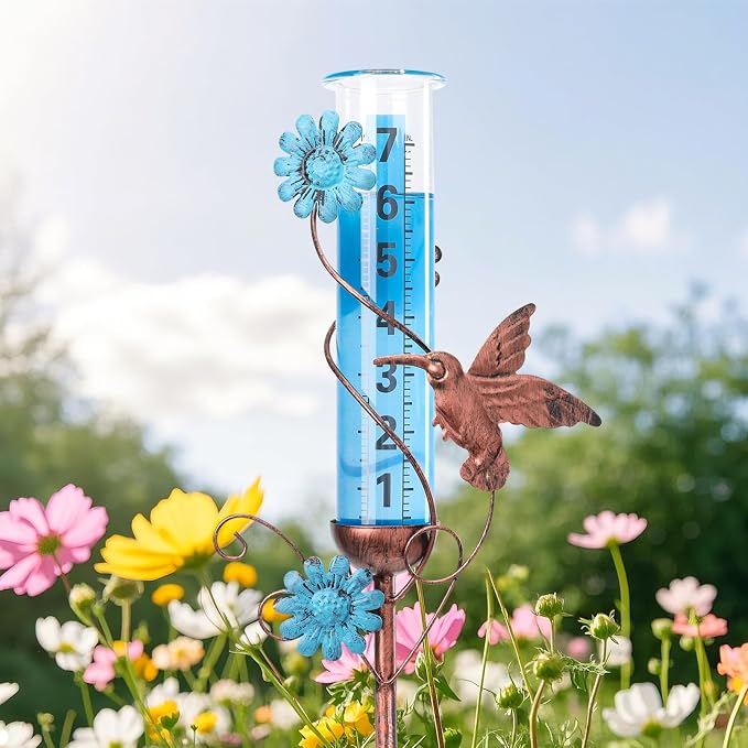 WONDER GARDEN Rain Gauge Outdoor, Decorative Rain Gauges Outdoors Best Rated with Hummingbird and Flower, Freeze Proof Water Rain Measure Gauge for Yard Patio Lawn Garden Decor