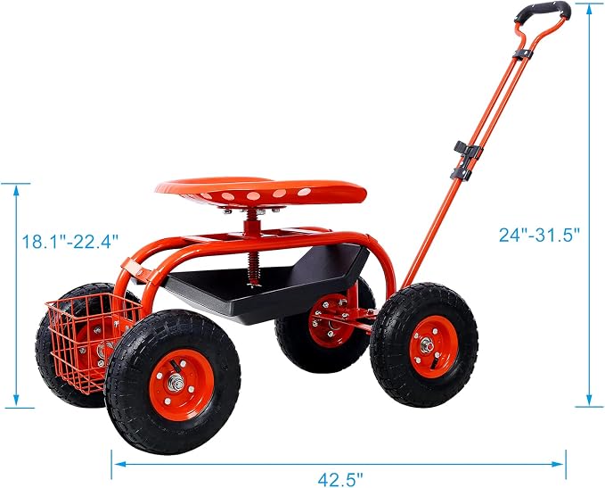 Rolling Garden Cart with Seat 360 Degree Swivel Seat Garden Scooter, Heavy Duty Garden Stool with Wheels, Utility Tool Tray Basket, Red