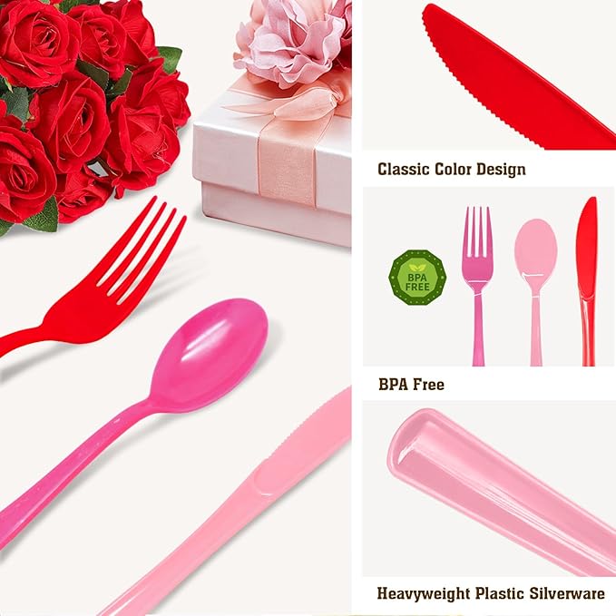 60PCS Valentine's Day Plastic Fork Pink/Red/Hot Pink Plastic Silverware Disposable Cutlery Set Heavy Duty 60 Forks for Valentine's Day, Girl Birthday, Sweet 16 Party Party Decorations