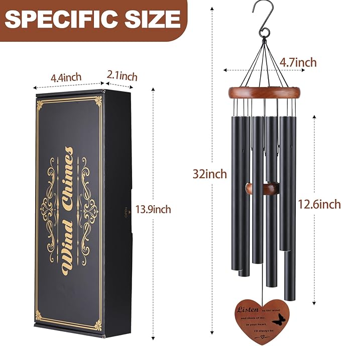 Personalized Memorial Wind Chimes for Loss of Mother or Father – Sympathy Bereavement Gift for Loved One – Unique Outdoor Wind Chimes, Black