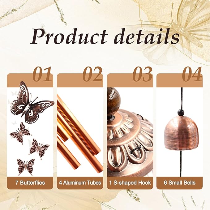 Wind Chimes for Outside, Butterflies Aluminum Tube Wind Chimes with S Hook, Patio Porch Garden Decor, Housewarming Gift for Mother’s Day Women Mom Grandma Sister